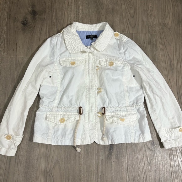 Talbots Jackets & Blazers - Talbots Linen Blend Utility Jacket Sz 10P Lined White Blue Preppy Nautical